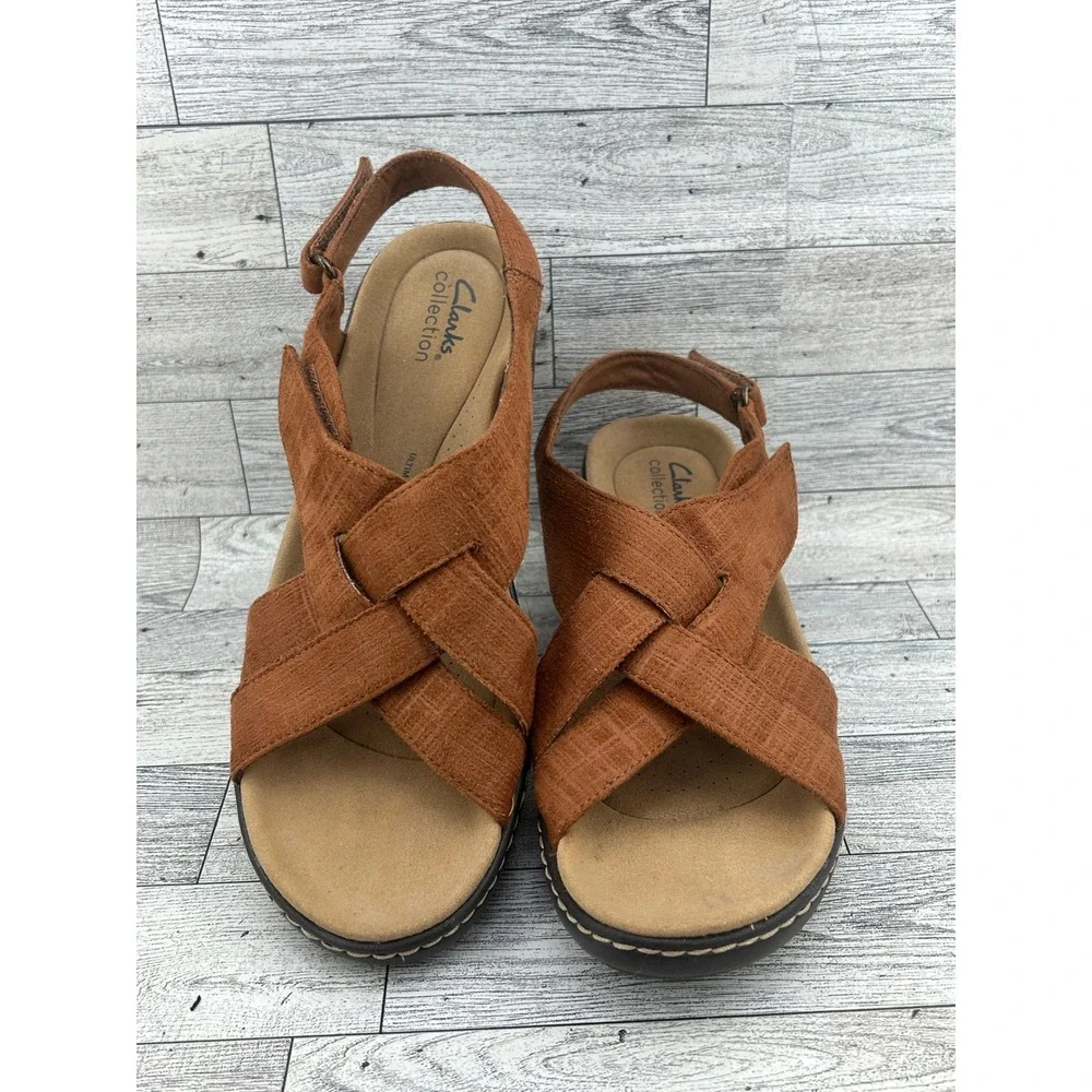 Clarks Collection Women Tan Brown Woven Wedge Sandals Ultimate Comfort Sz 9M